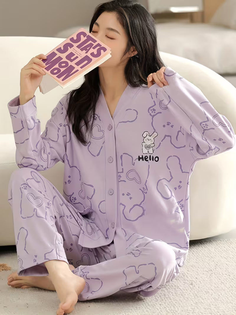 Lilac Love Bunny Printed V-Neck Button Printed Night Suit