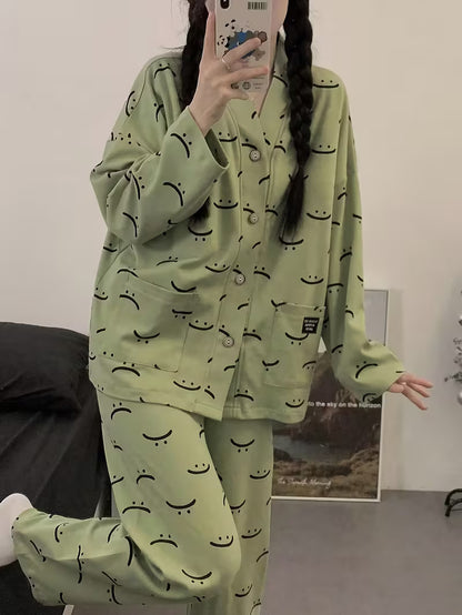 Green Autumn Smiley V-Neck Button Printed Night Suit