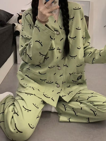 Green Autumn Smiley V-Neck Button Printed Night Suit