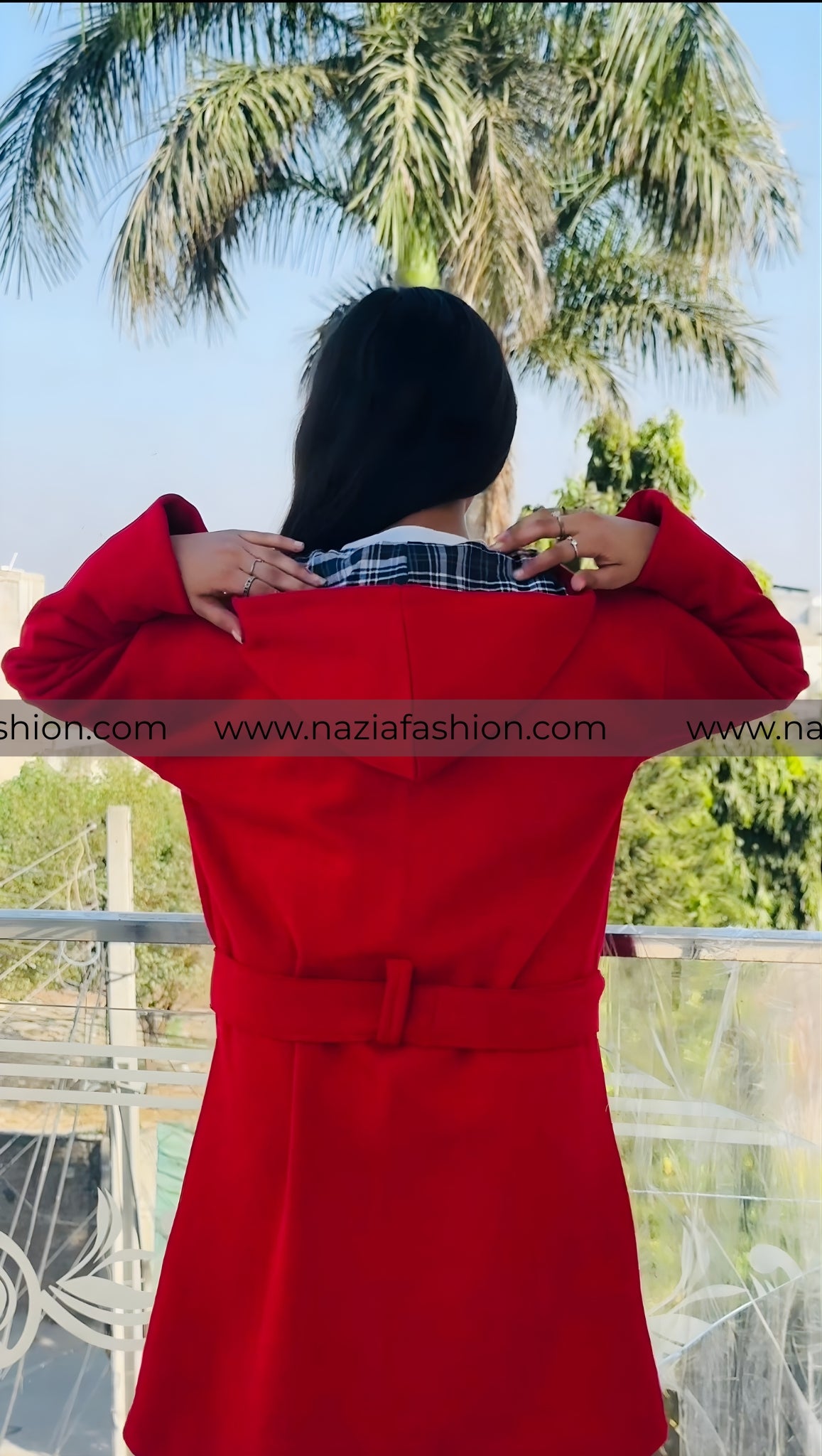 Red Women's Lace Trim Trench Coat Style Jacket